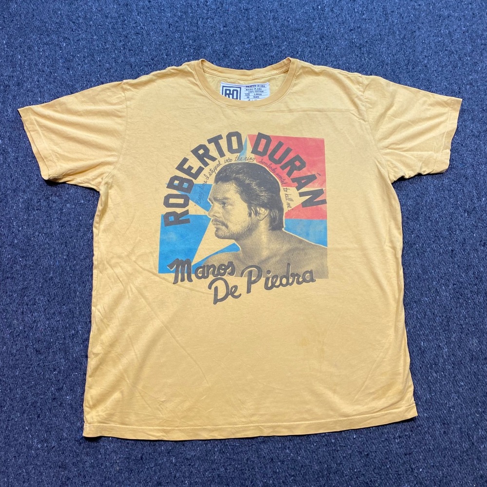 Roots of Fight Roberto Duran Manos De Piedra Shirt Sz L Mens Yellow Boxing Retro